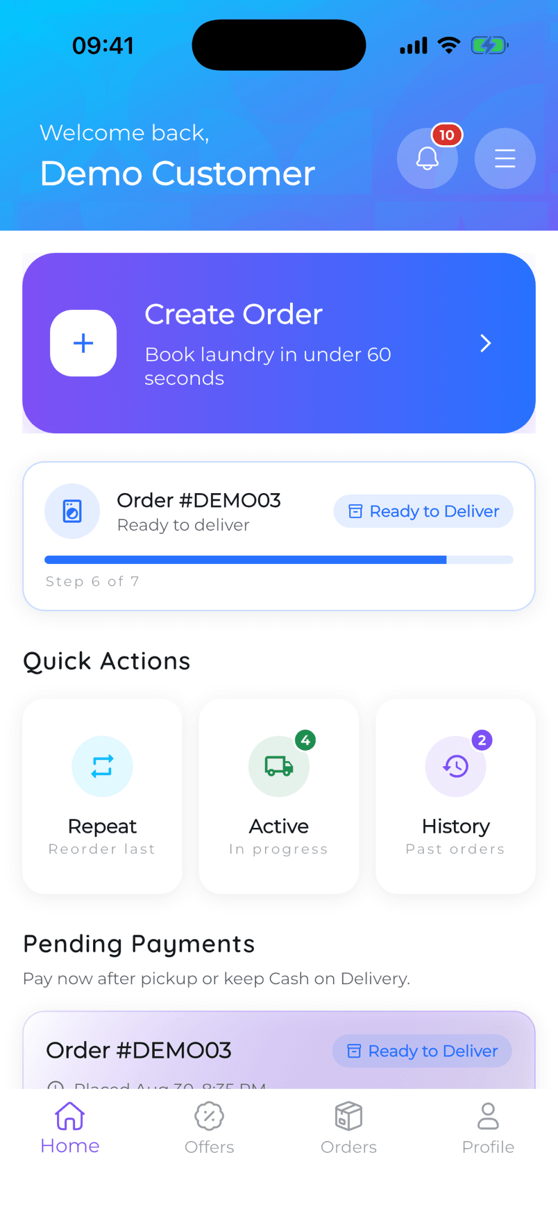The Sashly app home screen: a Create Order card, a live order at step 6 of 7 marked Ready to Deliver, and quick actions for Repeat, Active and History.