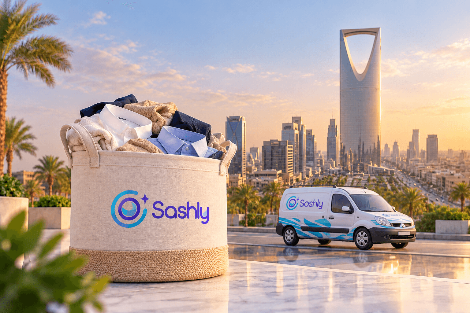 سلة غسيل من ساشلي مليئة بالقمصان والملابس على تراس، وخلفها سيارة ساشلي وأفق الرياض مع برج المملكة وقت الغروب.